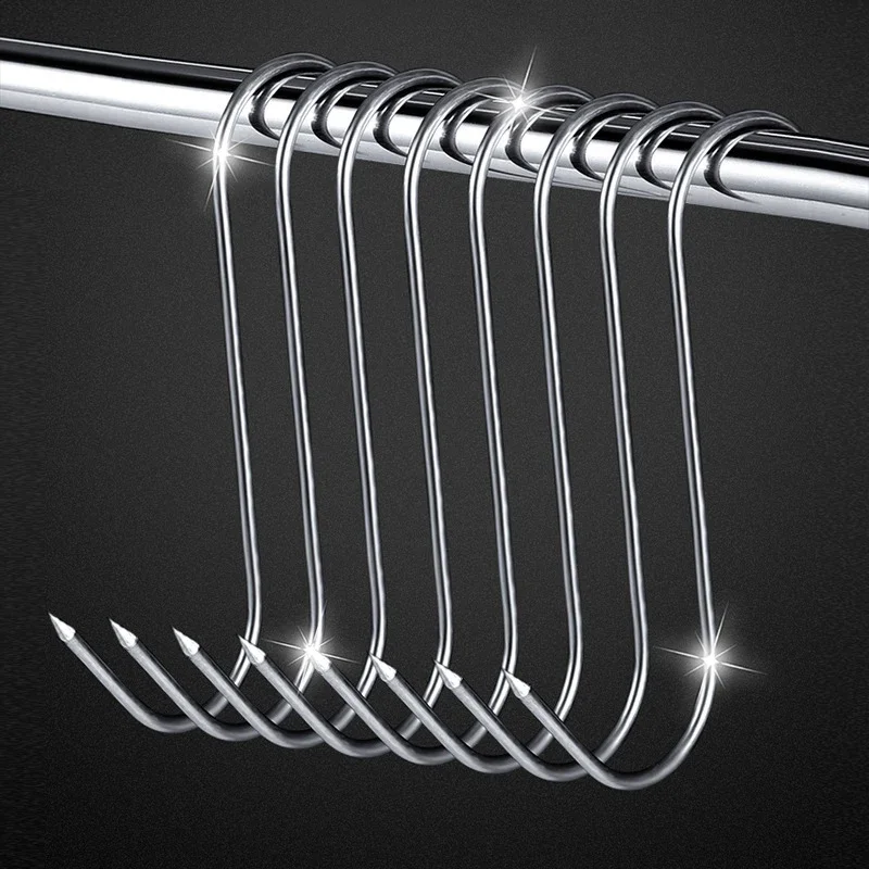 10PCS Stainless Steel S-shaped Hook Tool Butcher's Meat For Smoking Butchering Hunting Chicken BBQ Pork Sausage Bacon Grill Hook