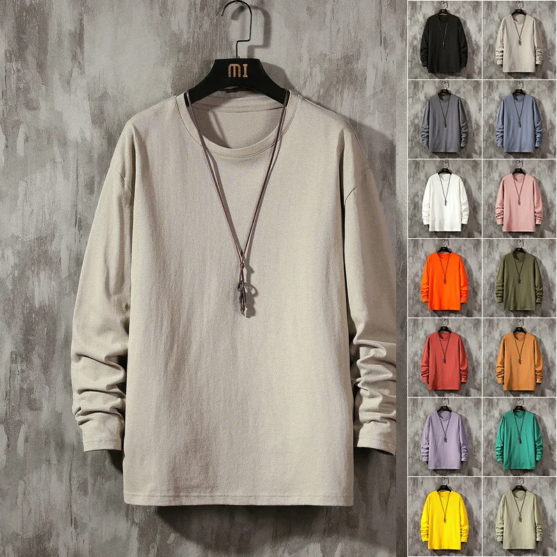 

Long Sleeved T-shirt Men's Cotton T Shirt Solid Round Neck Pullover Loose Harajuku Shirt Men Clothing Oversized Base Shirt