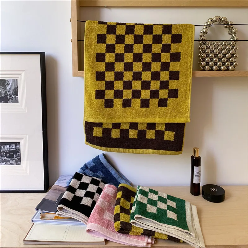 Color matching retro checkerboard check towel long wool cotton face towel household absorbent face towel bath towel gift