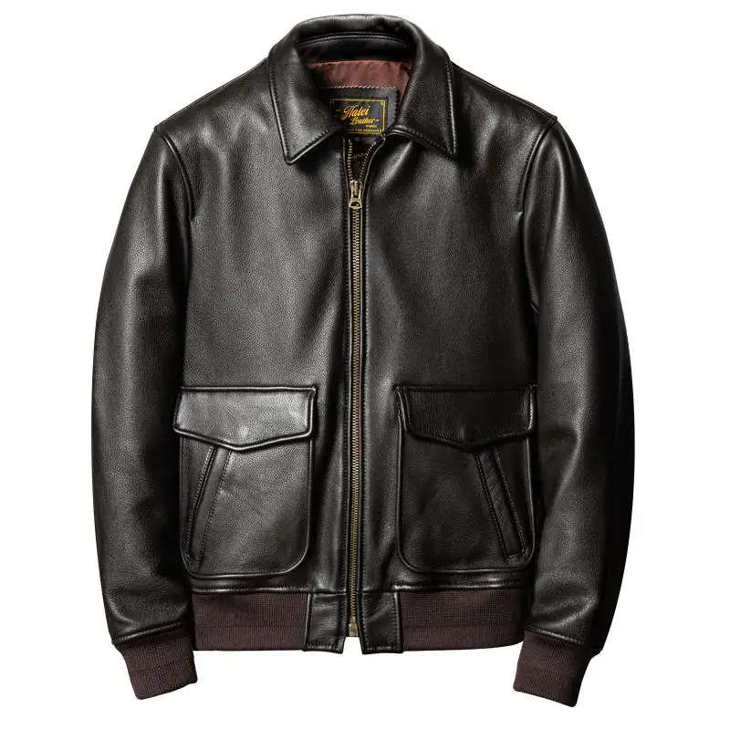 

Dark Brown Autumn Pilot Leather Jacket Men Military Style Plus Size 5XL Natural Cowhide Slim Short Aviation Genuine Leather Coat