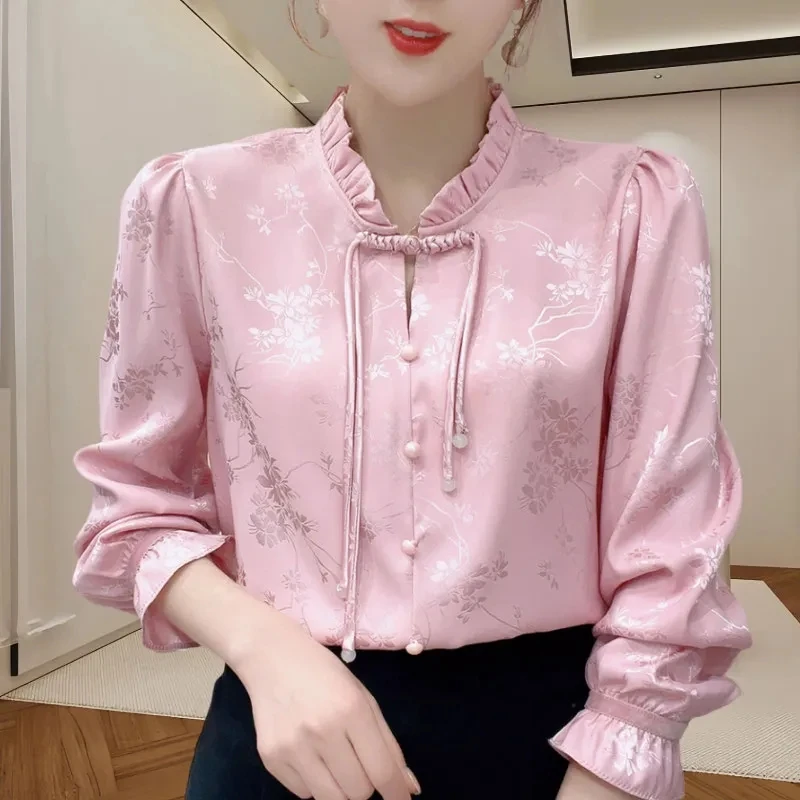 

Новая рубашка в китайском национальном стиле, новинка весны, футболка с длинными рукавами и деревянной застежкой с ушками, дизайнерская нишевая темпераментная блузка