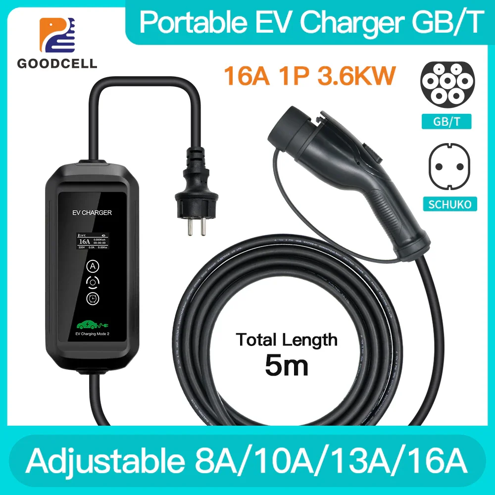 조정 가능한 레벨 2 EV 충전기 GBT 표준 16A 1P 3.6KW EVSE 컨트롤 박스, 5m 휴대용 전기 자동차 Schuko 플러그