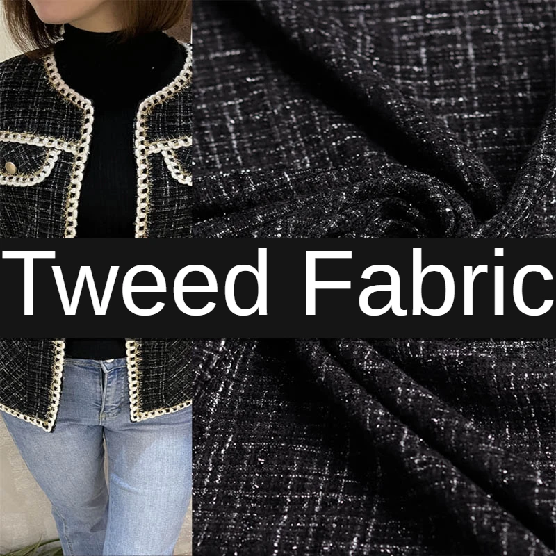 

Tweed Fabric By The Meter for Coats Clothing Skirts Diy Sewing Plain Thickened Chemical Fiber Black White Plaid Textile Winter