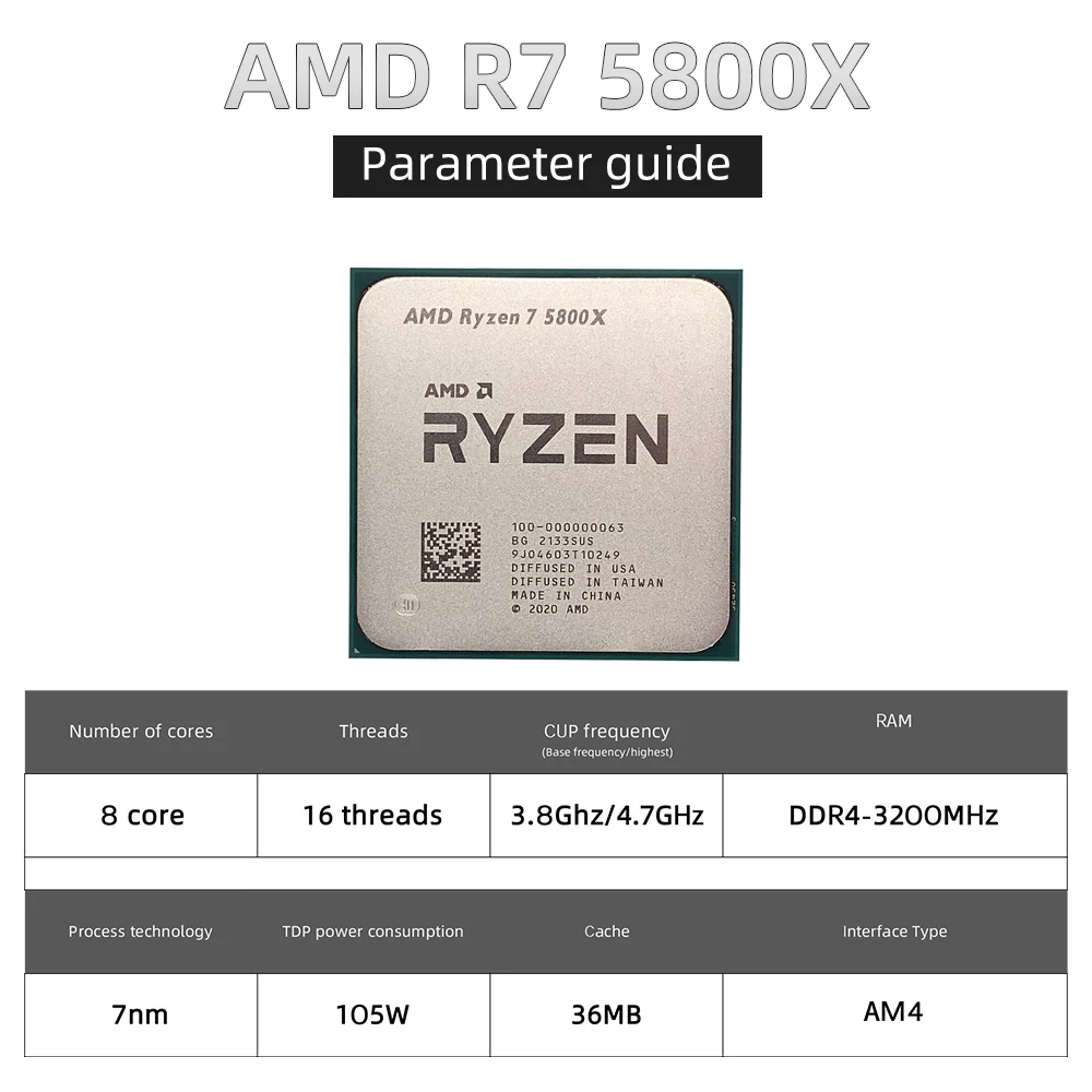 NEW AMD Ryzen 7 5800X R7 5800X 3.8 GHz Eight-Core sixteen-Thread 105W CPU  Processor L3=32M 100-000000063 Socket AM4 no fan