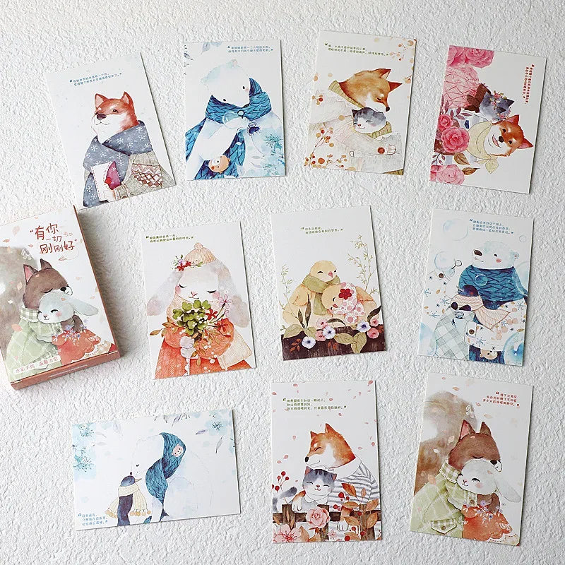 Memo Cards Mini Postcard Cartoon Hand Drawn Postcard Greeting Cards Letter Pads Merry Christmas Birthday Card Set 28pcs