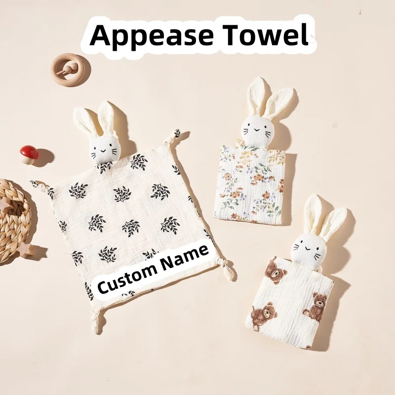 

Soft Cotton Baby Bib Embroidery Name Muslin Suffed Rabbit Appease Towel Security Baby Sleeping Towel Facecloth