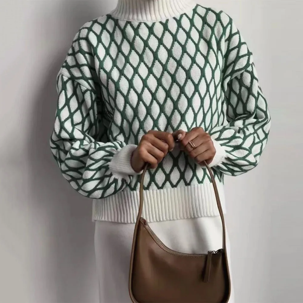 Suéter de punto a rayas para mujer, moderno, ajustado, holgado, de cuello alto, para otoño, deportivo, informal, 2025