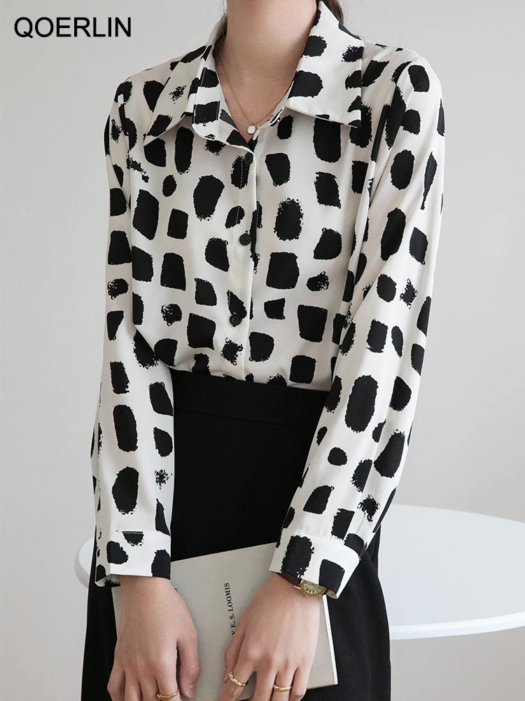 QOERLIN Stylish Printed Tops Blouse Women 2023 Spring New Long Sleeve Button Up Shirts Turn-Down Women Workwear Fashion OL Shirt