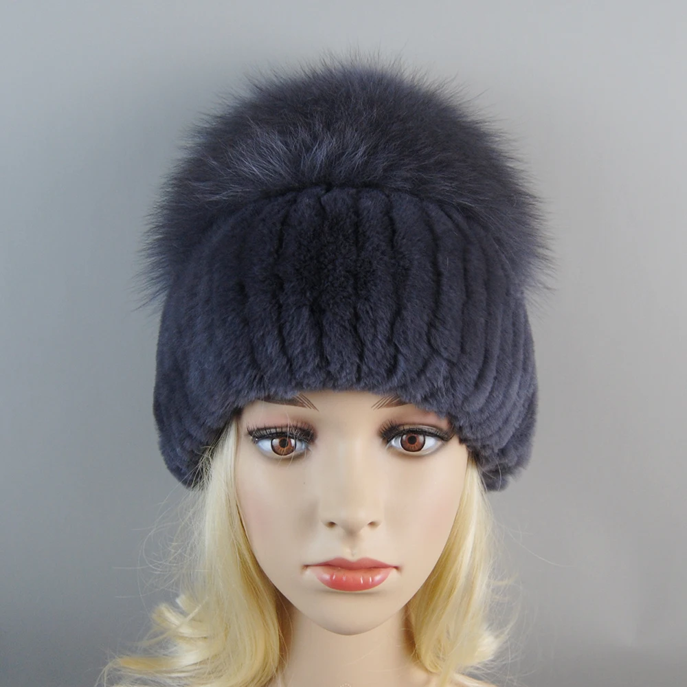 Women Winter Real Rex Rabbit Fur Hat Knitted Natural Fox Cap Beanies