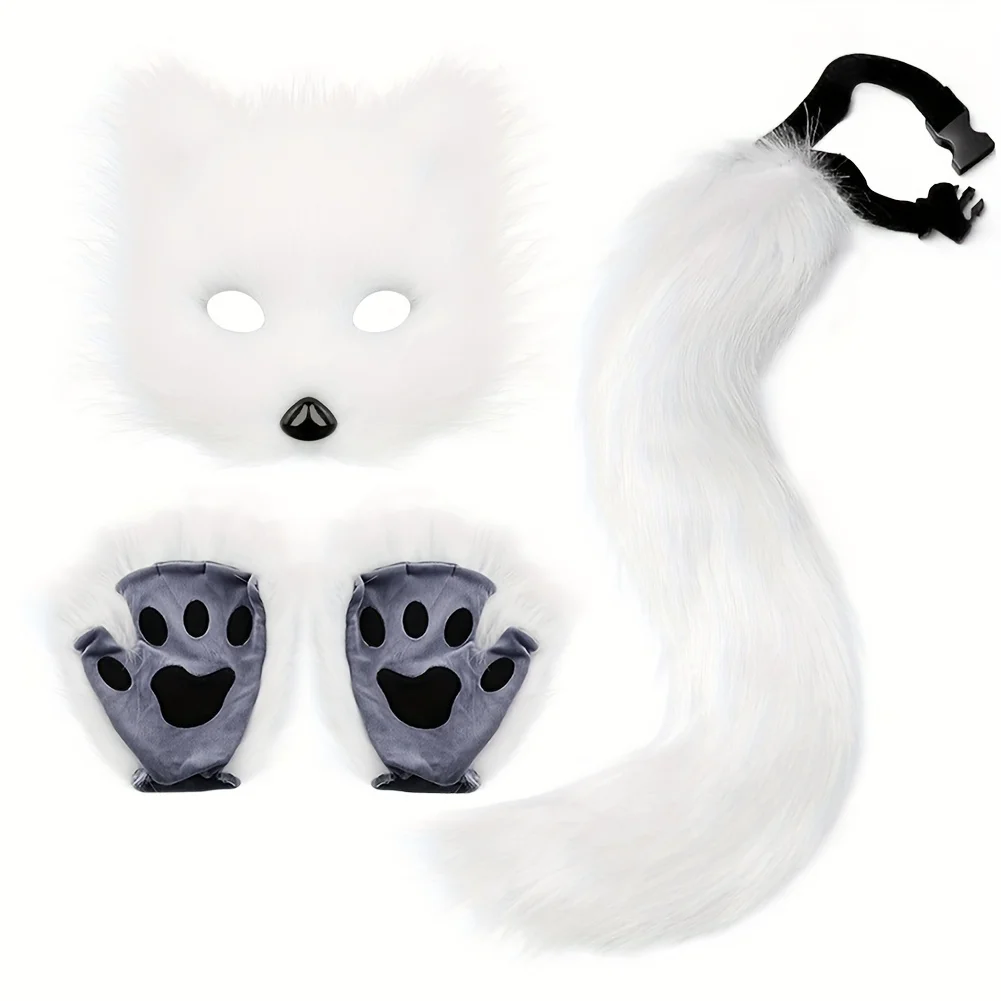 Fluffy Fur Fox Tail  Cat Paws Gloves Set - Wolf Mask Halloween Cosplay Accessories
