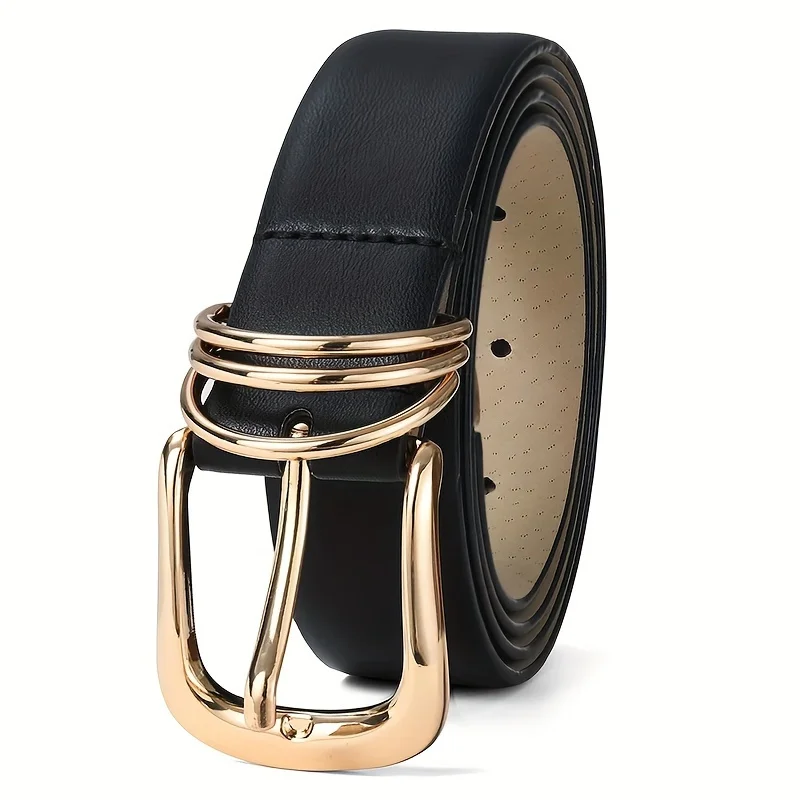 Women's Faux Leather Belt with Golden Oval Buckle - Adjustable Casual Belt for Jeans, Pants, Skirts - Durable Fashion Accessory