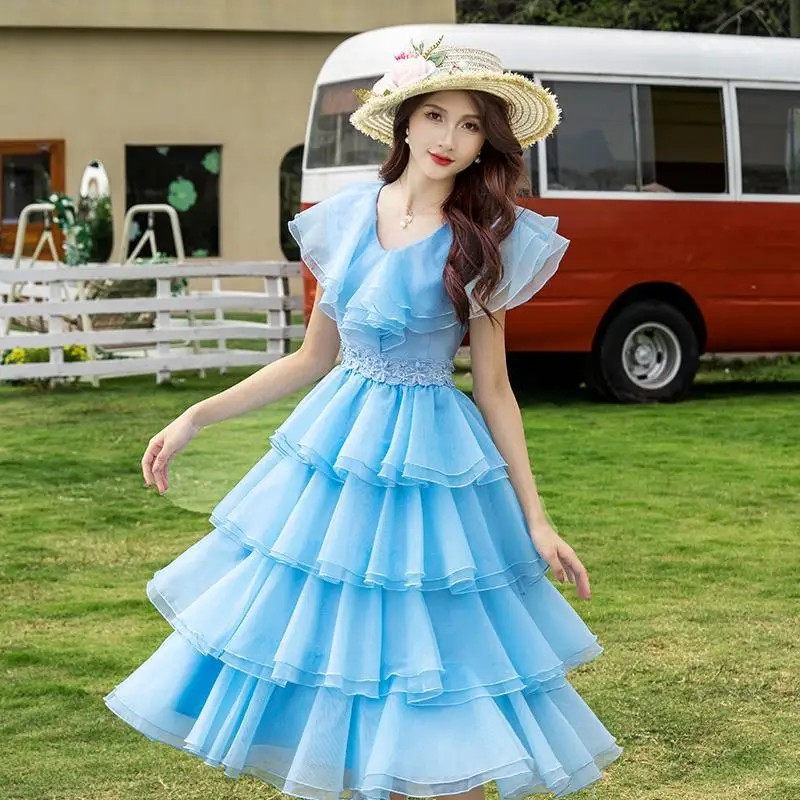 

Женское длинное платье-трапеция без рукавов, Элегантное синее платье-макси во французском стиле с V-образным вырезом и каскадными оборками, лето