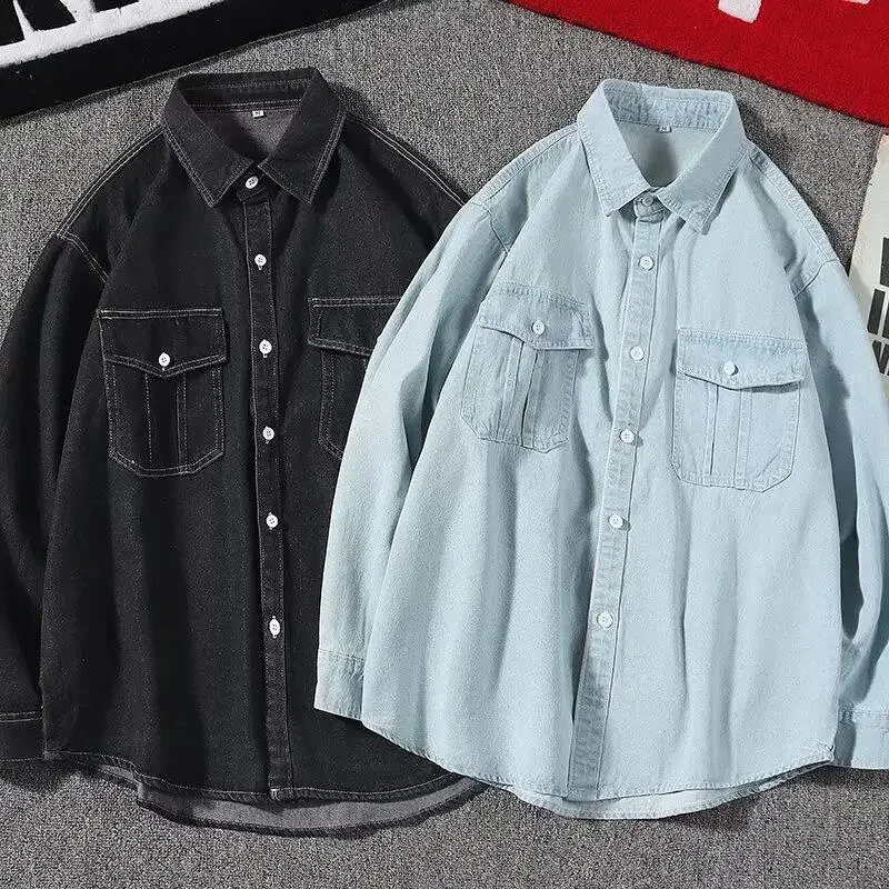 American Style Unisex Long Sleeve Denim Shirt Soft Wash Distressed Double Pocket Vintage