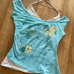 Vintage Retro Grunge Flower Print Crop Top - Y2K Summer Fashion Streetwear Halter Tee - S (SKY BLUE)