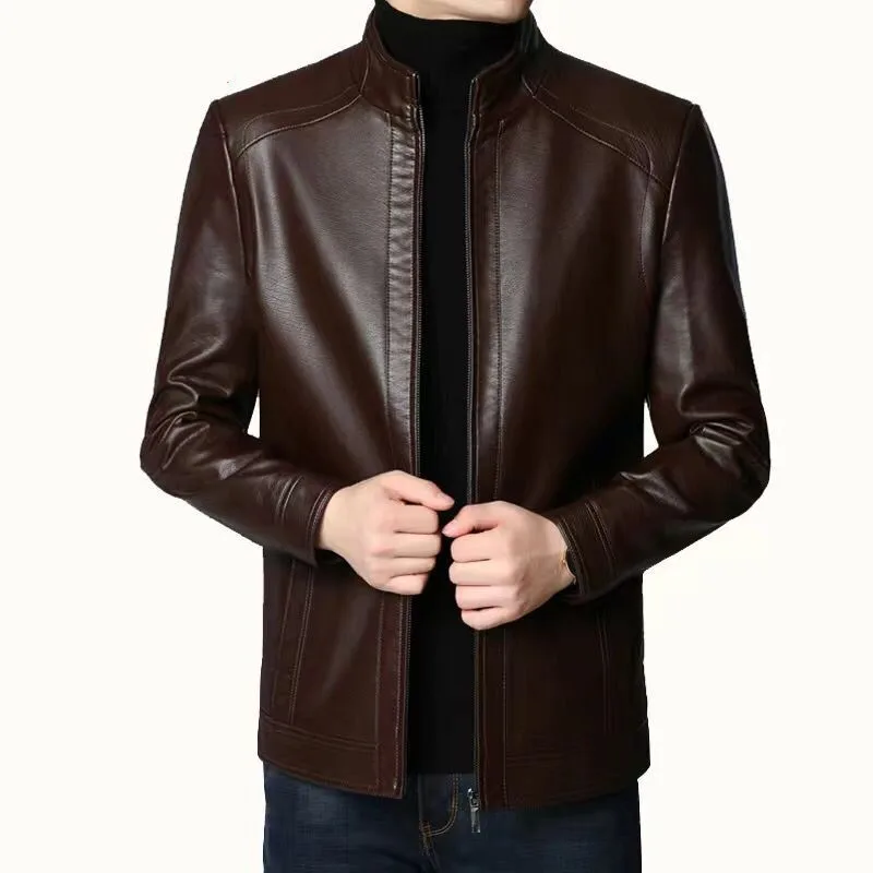 2023 New Autumn Winter Men Leather Jacket Stand Collar Plus Velvet Thick Warm Leather Jacket Men Social Mens Jackets images - 6