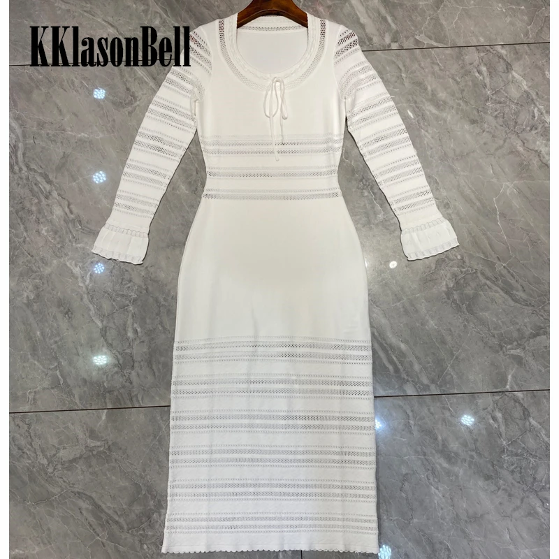 

11.8 KKlasonBell Temperament Slim Package Hip Drawstring Collar Hollow Out Knitted Maxi Dress Women