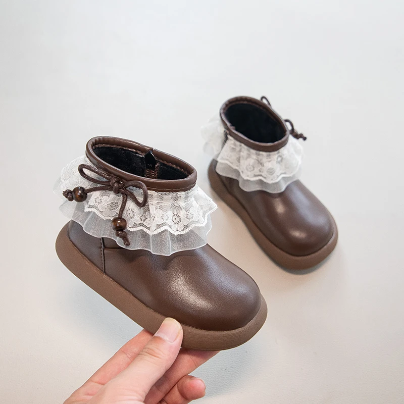 Leather Kids Fleece Boots for Girls with Lace Bowknot