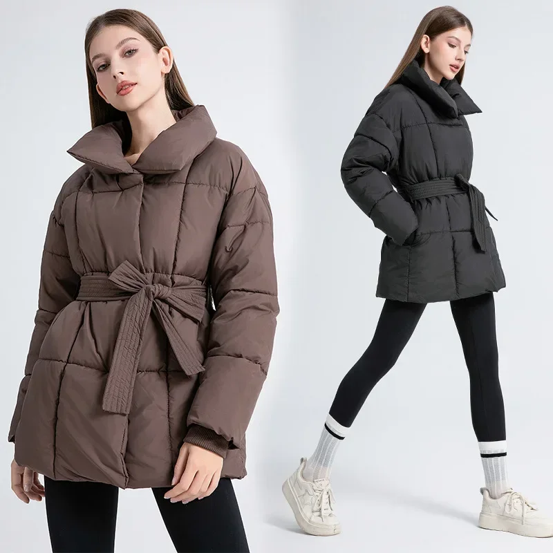 Winter Down Cotton Coat Women's Warm Stand Collar Waistband Parkas Jacket Ladies Elegant Temperament Parkas Female Coat