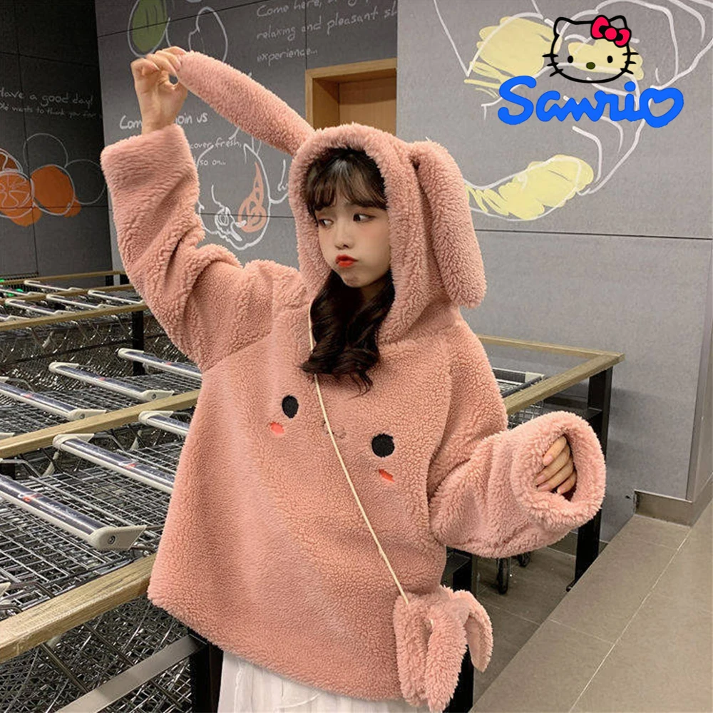 

Женская толстовка Sanrio Cinnamoroll из искусственной овечьей шерсти, осенне-зимняя утолщенная бархатная Милая свободная теплая куртка с капюшоном для девушек