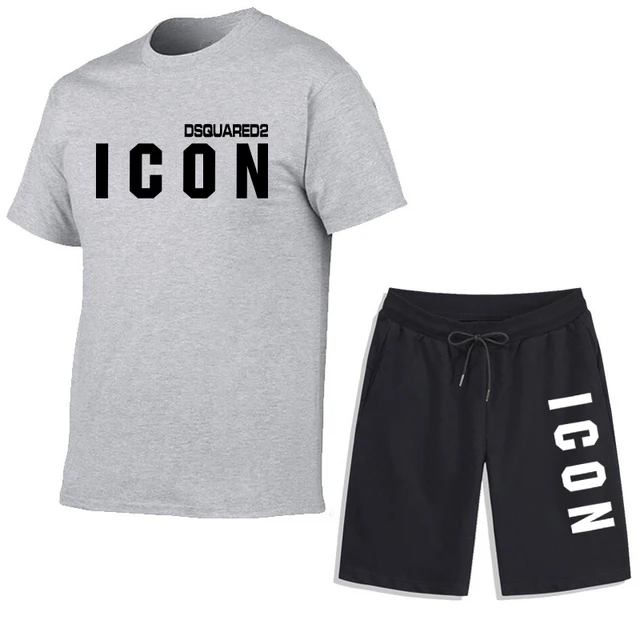 Summer Mens T-shirt + Shorts Suits Casual T Shirts Sport Set Simple Letter Printed Short Sleeve Top Cotton Tracksuits Streetwear Gray