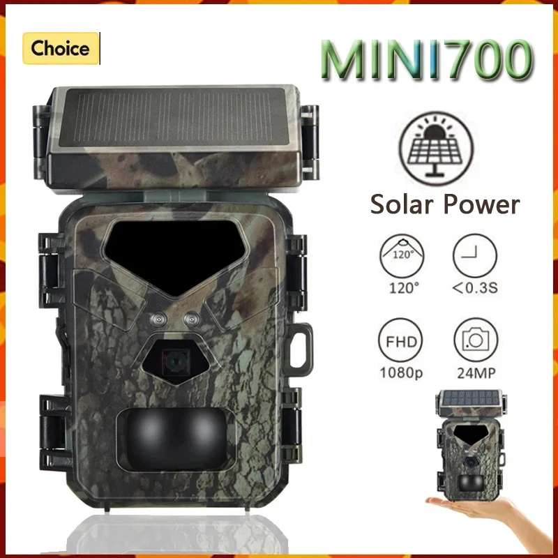Mini700 Solar Panel Hunting Camera 24MP 1080P Monitoring Wildlife Trap Trail Camera Infrared Night Vision Video Photo Recorder