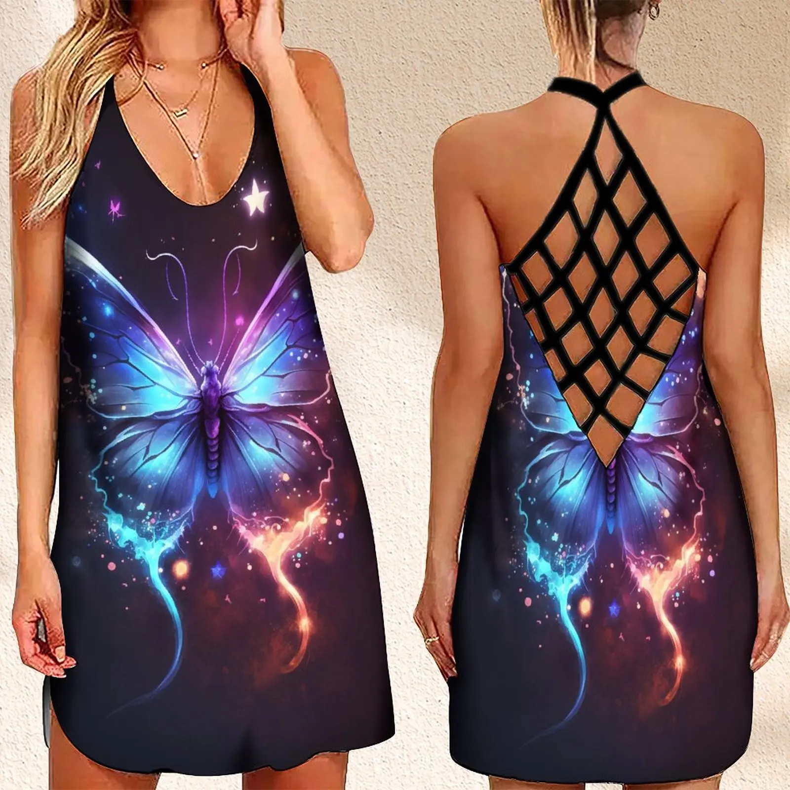 

Fashion Women's Criss Cross Backless Sleeveless Dress Print Sexy Summer Dress