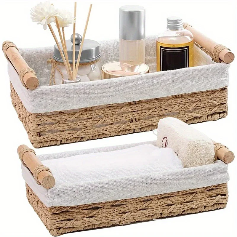 1pc Bathroom and Kitchen Storage Basket - Small Wicker Organizer for Countertops - Round Paper Rope 2