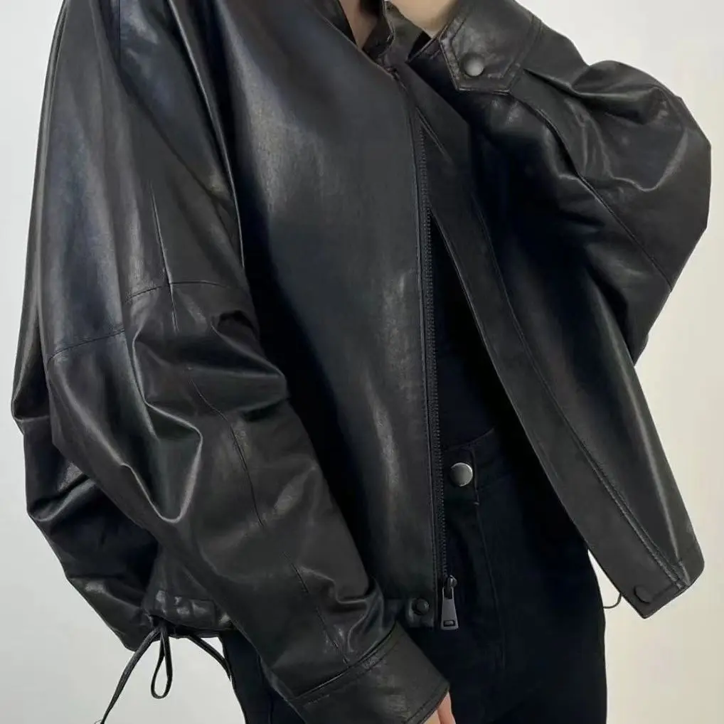 

Short Bat Sleeve Genuine Leather Jacket for Women's Casual Sheep Jacket