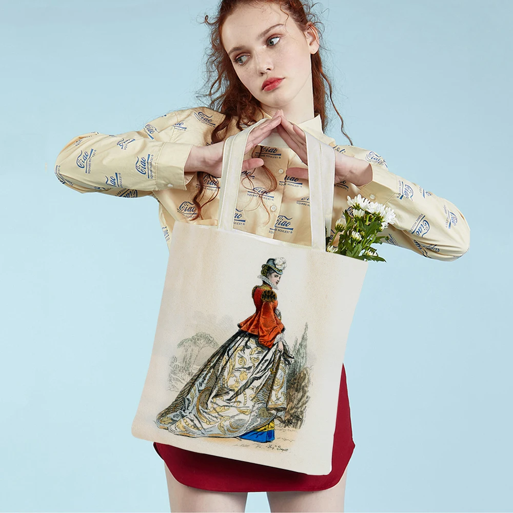

Vintage Europe National Elegant Lady Shopping Shoulder Bag Pinup Girls Both Sided Reusable Canvas Travel Tote Handbag for Women