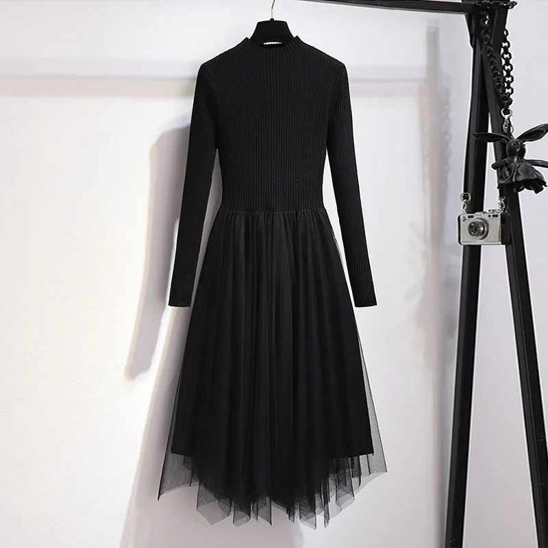 Women Sweater Dress Two Peice Suit 2023 Autumn Winter Knitted Print Vest+Round Neck Knee-Length Dress Outfits Korean Basic Set