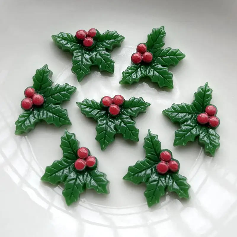 Resin Embellishments 10pcs Resin Christmas Holly Leaf Flat Back Cabochon Art Decoration Charm resin flatback 25x19mm