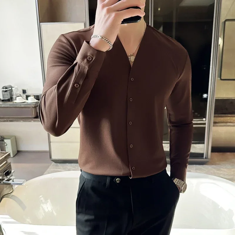 남성용 브이넥 긴팔 셔츠, 영국 스타일, 단색, 캐주얼, 슬림핏, 정장 원피스 셔츠, 남성 의류, 신상
