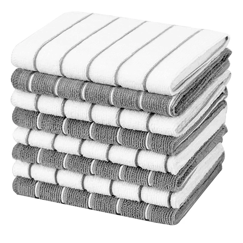 

Microfiber Kitchen Towels - Super Absorbent, Soft Dish Towels, 8 Pack Stripe Designed Grey And White Colors Durable