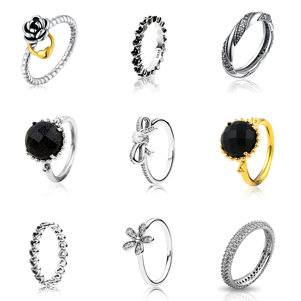 

925 Sterling Silver Ring Charms Gold Lock Heart Flower Big Black Cz Crystal Finger Ring For Women Party Jewelry