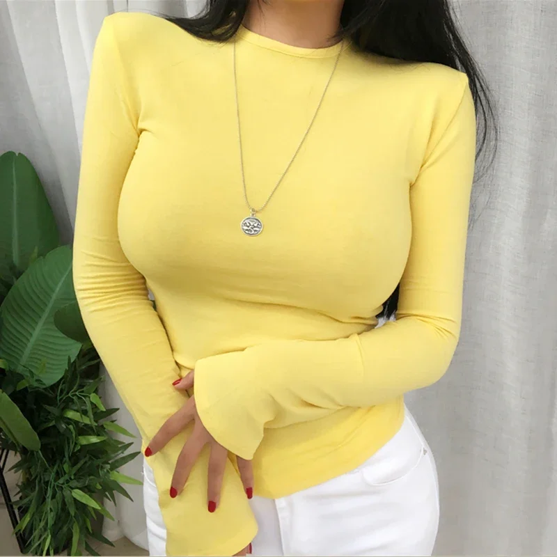 

Autumn Basic T Shirt For Women Elastic Tee Shirt Femme Slim Long Sleeve Top Korean Style T-Shirts Woman Clothes Camisetas Mujer