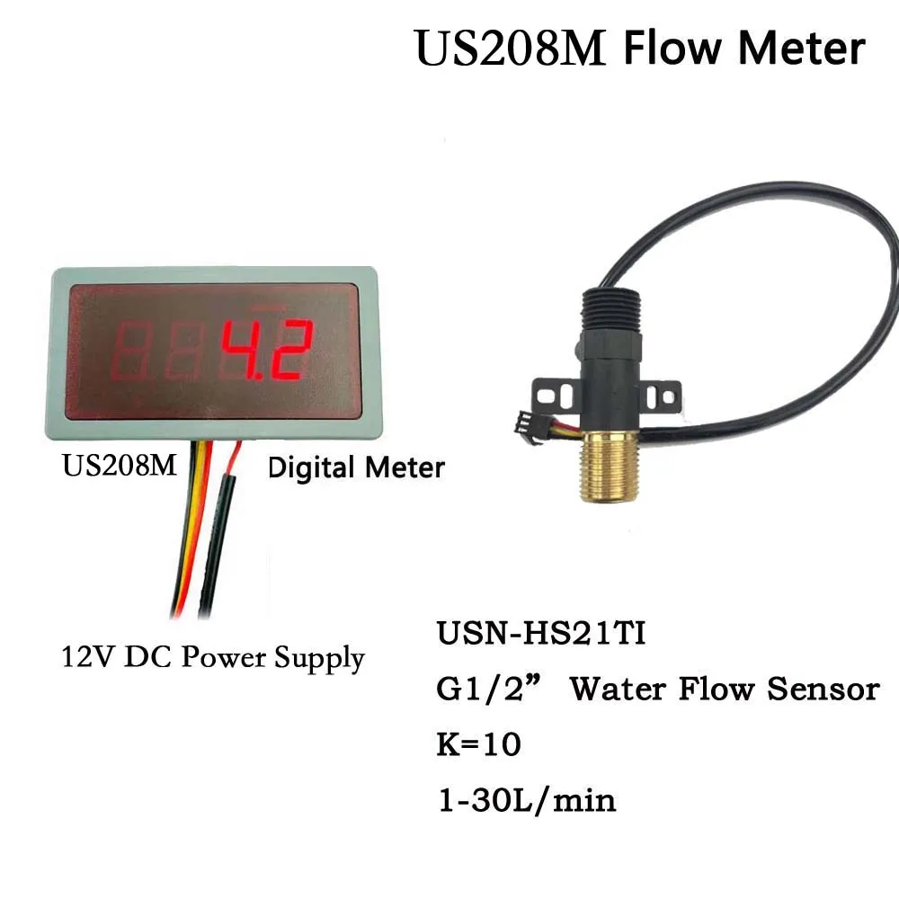 

5V US208M Digital Flow Meter G1/2" USN-HS21TI 1-30L/min Flow Rate Display and Frequency Counter Hall water Flow Sensor