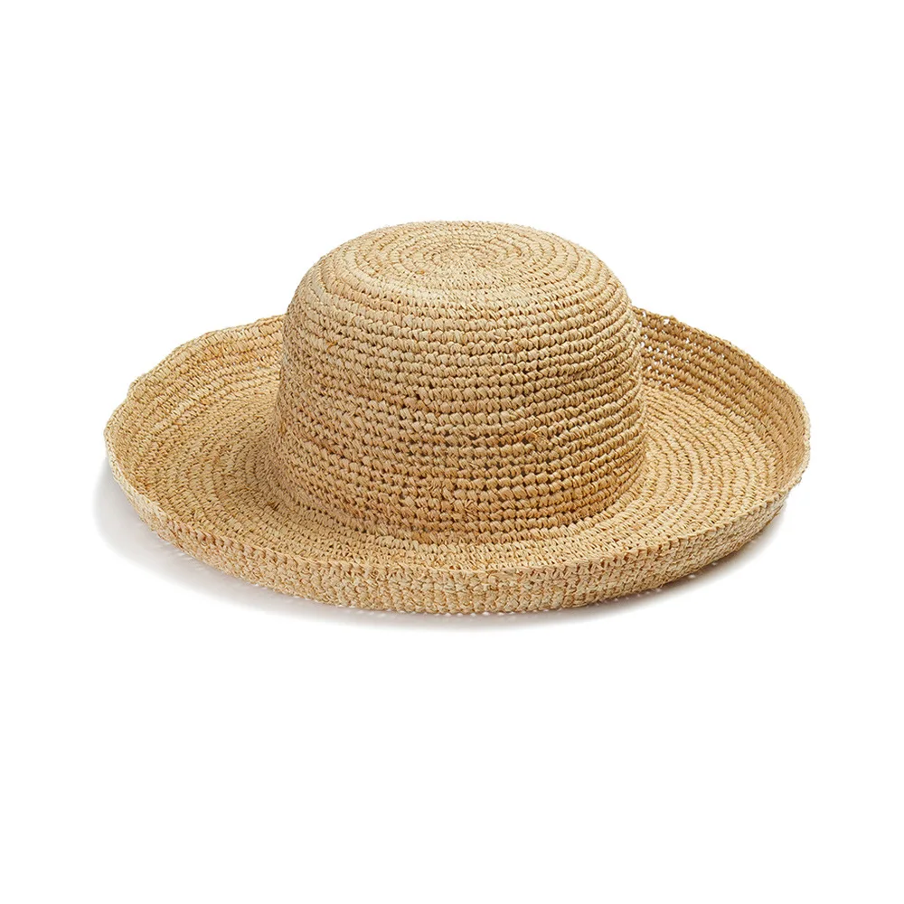

X326 Handmade Raffia Straw Hat Crochet Top Foldable Dome Top Sun Cap Lafite Straw Hat Outdoor Tourism Beach Cap