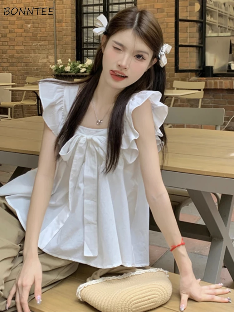 

Flying Sleeve Blouses Women Solid Ruffles Creativity Sweet Vintage All-match Spring Popular Delicate Seductive Korean Style New
