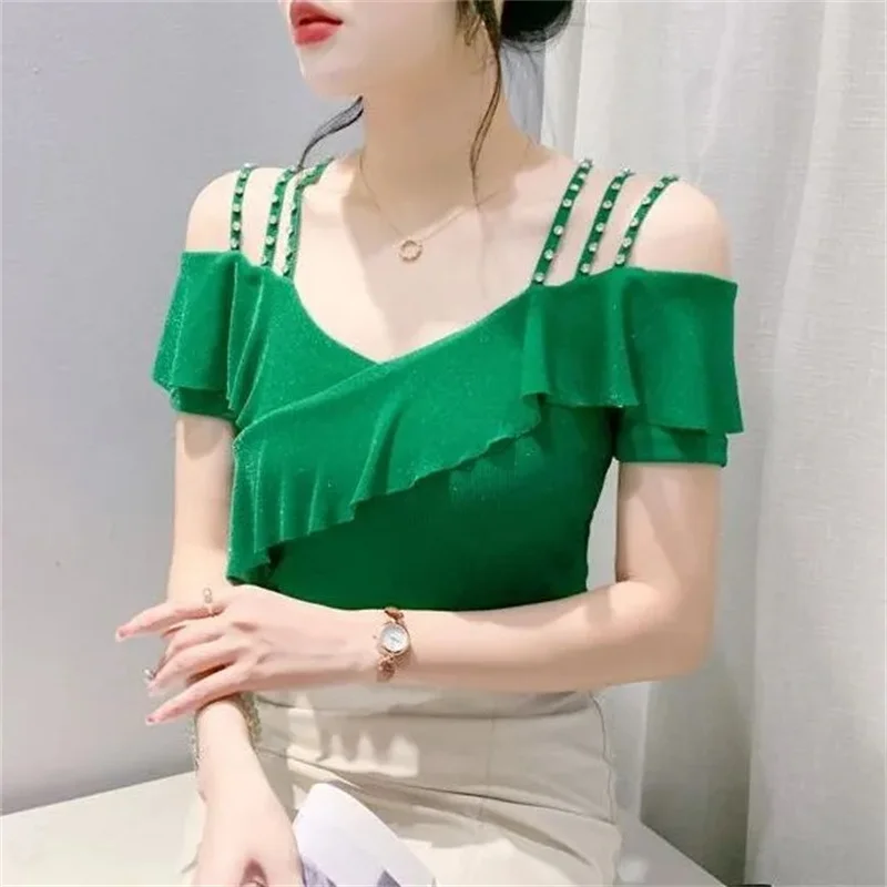 

Женский кружевной топ с V-образным вырезом и открытыми плечами, облегающая Сетчатая футболка с коротким рукавом и бусинами, лето 2024