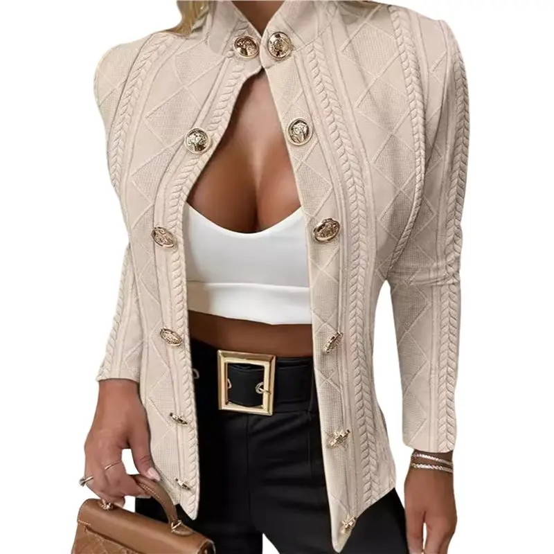 CYCLI-여성 아가일 케이블 가디건 경량 크롭 코트 스탠드 칼라 긴 소매 메탈 버튼 가을 재킷