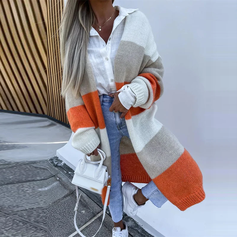 

Lady Loose Commuter Sweater Jackets Casual Knitwear Long Sleeve V-Neck Cardigans 2023 Autumn Fashion Striped Stitch Knit Coats