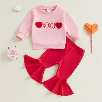0-3Years Baby Girl Valentine’s Day Outfits Long Sleeve Letter Sweatshirt and Flare Pants Two-piece Sets Fall Spring Clothes 1
