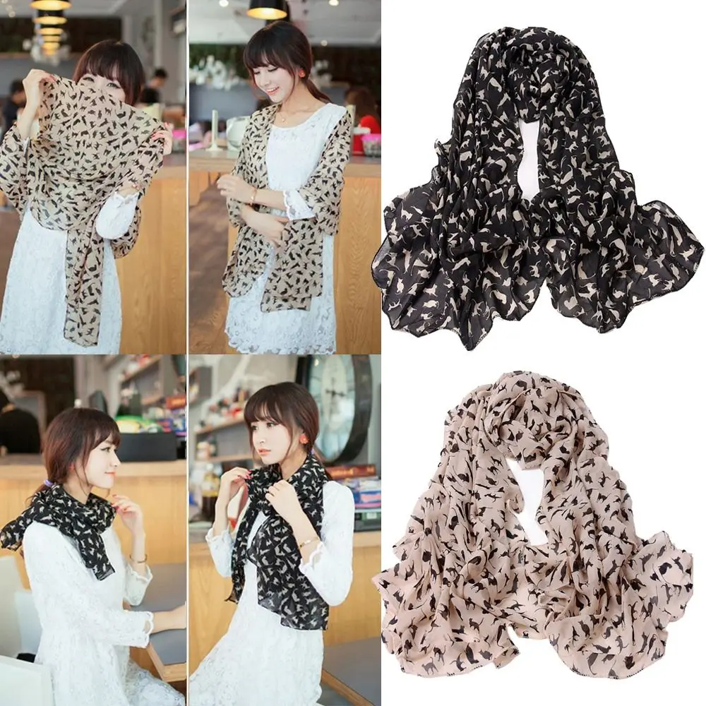 Chiffon Cartoon Cat Printed Scarf for Women and Girls