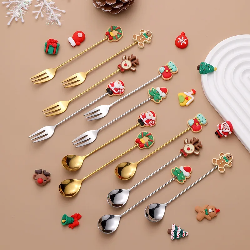 Christmas Spoons Forks Stainless Steel Coffee Spoons Cute Elk Christmas Tree Gingerbread Man Salad Dessert Fork 1PC