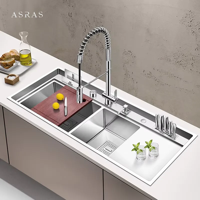 SUS 304 Stainless Steel Large Size Kitchen Double Sink Handmade Brushed 4mm Thickness 240mm Depth With Drain Plate Double Sinks