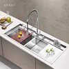 SUS 304 Stainless Steel Large Size Kitchen Double Sink Handmade Brushed 4mm Thickness 240mm Depth With Drain Plate Double Sinks 1