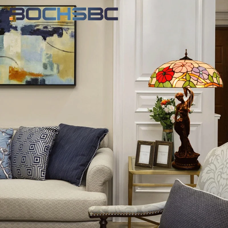 

BOCHSBC Tiffany Pastoral style stained glass lamp Festive Art Deco retro living room Study Bedroom Bed Beauty reading lamp