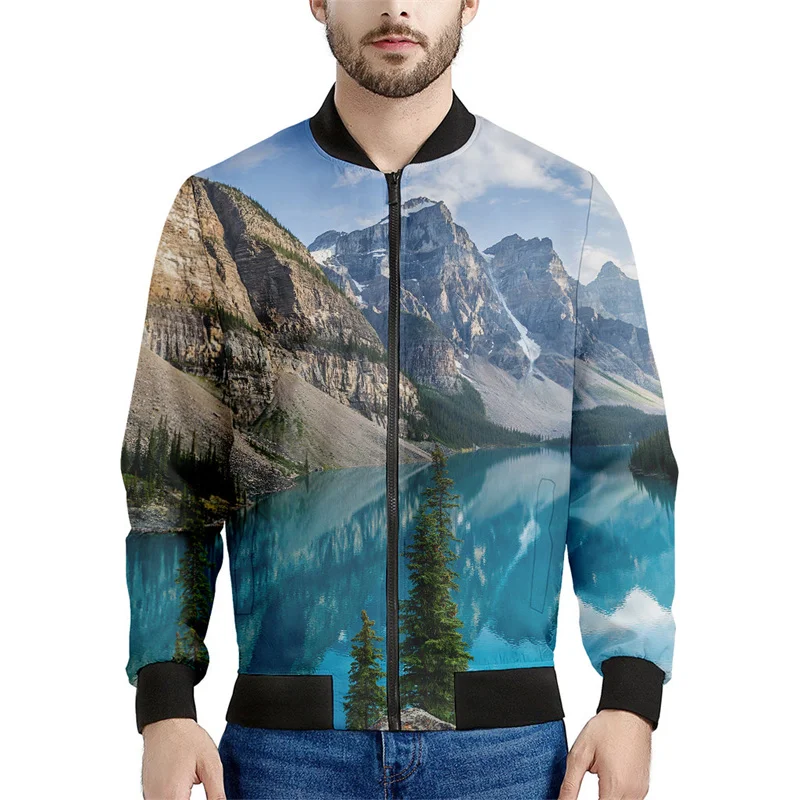 thumbnail image 1 of Chaqueta de montaña con estampado 3D de moda para hombre, sudadera de gran tamaño con patrón escénico natural, chaquetas de bombardero con cremallera y mangas largas, 1 of 5