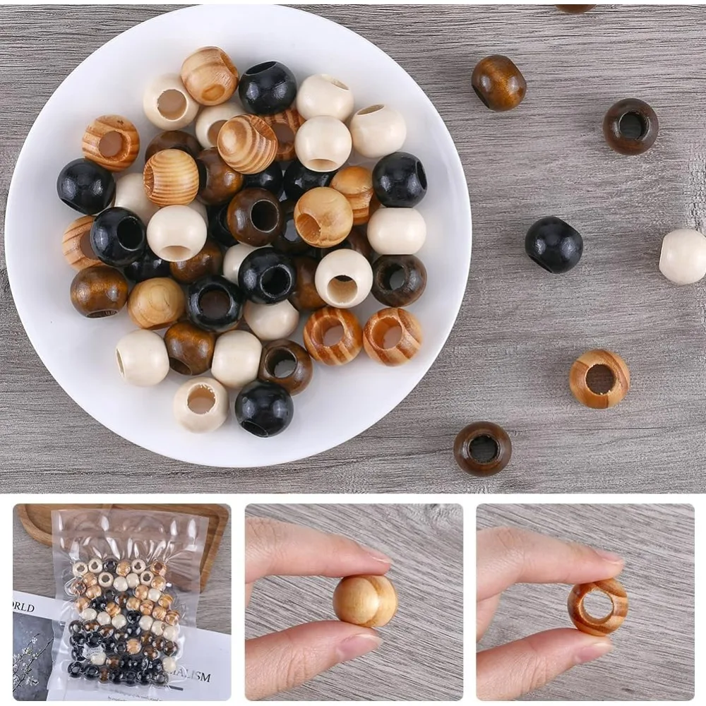 60PCS 4 스타일 대형 느슨한 나무 구슬 20MM 라운드 스페이서 볼 구슬 10MM 구멍 브라운 블랙 빈 미완성
