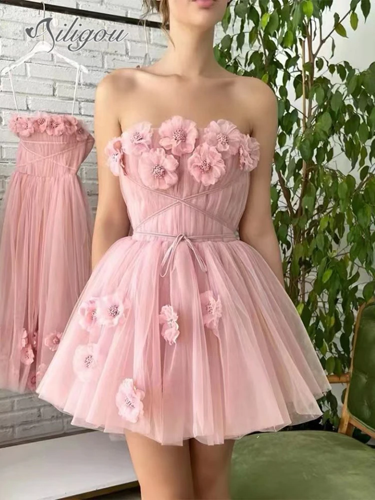 

Ailigou 2024 Новое Женское ТРАПЕЦИЕВИДНОЕ сексуальное платье без бретелек белое розовое кружево 3D цветочное украшение мини платье Элегантное знаменитость